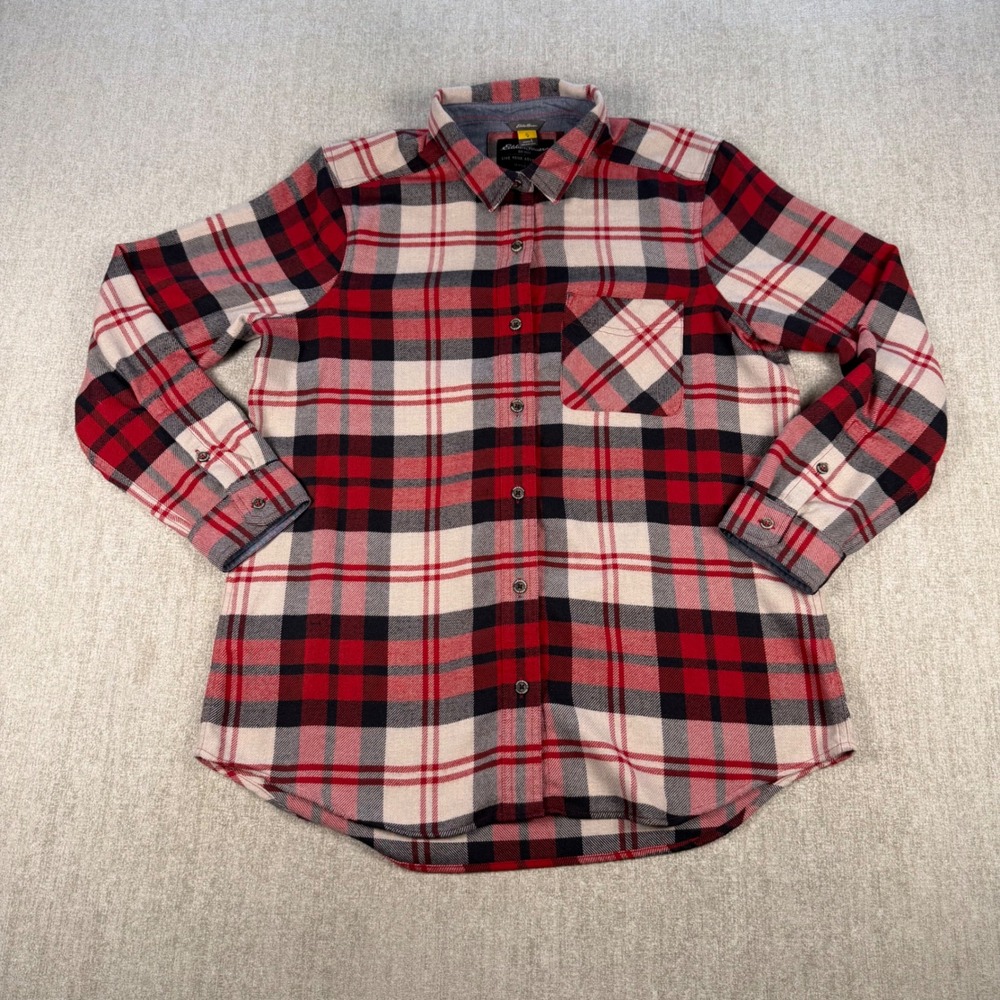 Eddie Bauer Ascent Button Down Shirt Womens L Red Plaid Cashmere Blend Soft
